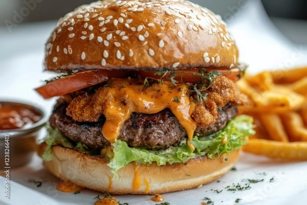 Obraz A delicious gourmet burger with cheese, lettuce, tomato, and crispy chicken on a sesame seed bun, served with fries.
