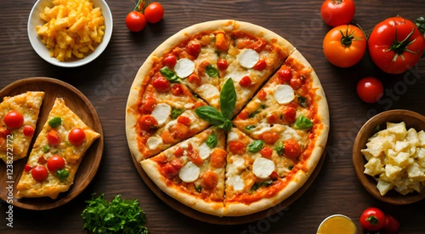 Fototapeta High angle view of delicious fresh pizza with various toppings on table, served with french fries and dipping sauces, in a wooden tray, in a warm lighting atmosphere, perfect for a party.