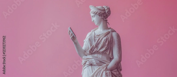 Fototapeta Female antique statue holding and looking at a modern smartphone on pink background, contrast between ancient art and modern technology. Innovation, history digital evolution concept. Copy paste
