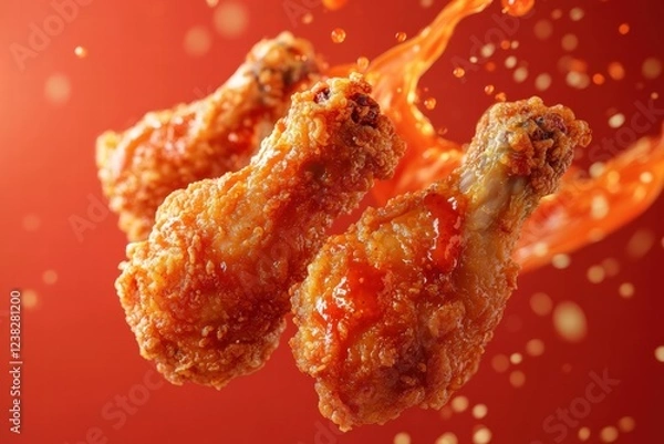 Fototapeta A vibrant and tantalizing display of fried chicken drummets coated in spicy sauce, perfect for food lovers.