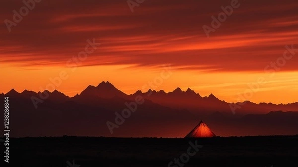Fototapeta 40.A dramatic sunset scene with a glowing orange camping tent in the foreground, set against a backdrop of majestic mountains. The red-orange sky creates a striking contrast with the silhouette of