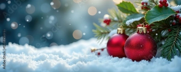 Fototapeta Ornament with red berries and holly leaves on a snowy winter scene, ornaments, festive