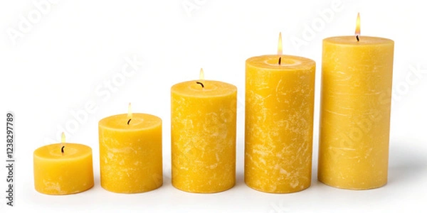 Obraz A Collection of Yellow Candles from Small to Tall Isolated on a White Background, Perfect for Home Decor
