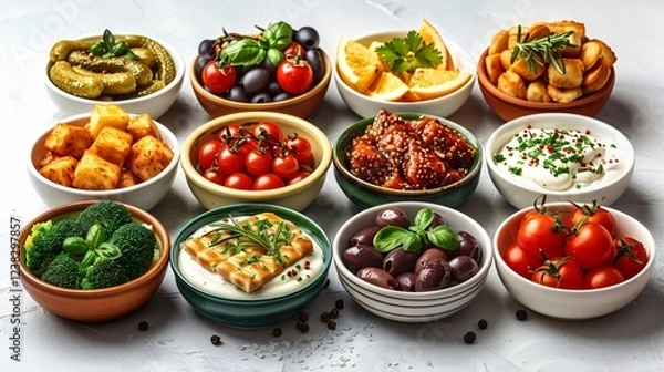 Fototapeta Set with different appetizers in small portions