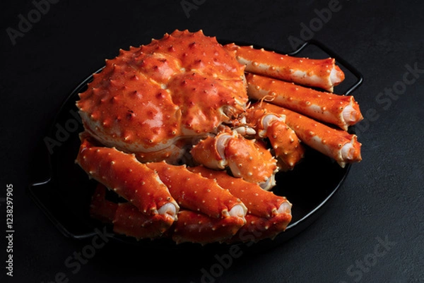 Fototapeta Giant Kamchatka King Crab on a Table. Protein-Rich Healthy Food Concept. Selective Focus, Dark Background. Handmade Photo, Not AI