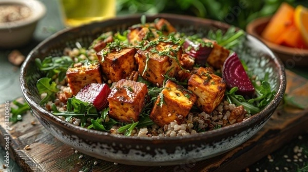 Fototapeta Tofu salad with buckwheat groats roasted beets