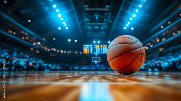 Fototapeta Basketball rests on the polished wooden court under bright arena lights, with blurred crowd and scoreboard in the background
