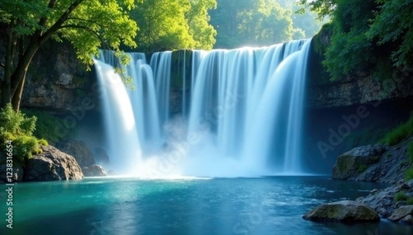 Fototapeta Softly lit waterfalls in a gradient of blues and whites, waterfalls, blue, white