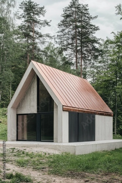Fototapeta A contemporary minimalist cabin is elegantly designed, nestled amid a vibrant, lush forest, creating a tranquil atmosphere in a serene natural setting on a cloudy day