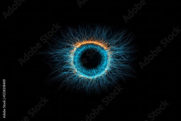 Obraz A minimal silhouette shot where only the iris is illuminated, its digital patterns highlighted in bright turquoise and soft whites,