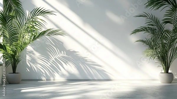 Fototapeta Simple white wall with palm leaf shadows, ideal for product displays