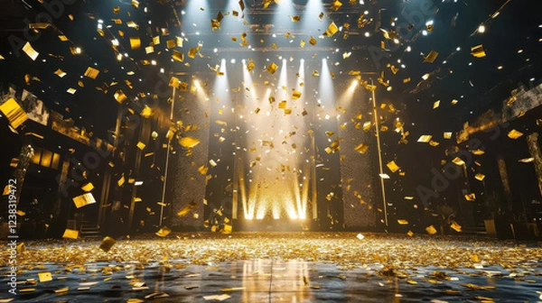 Obraz Dynamic Celebration With Golden Confetti Falling on a Brightly Lit Stage in a Festive Atmosphere