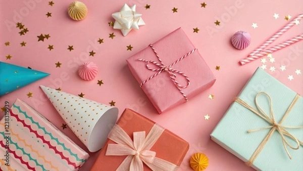 Fototapeta Pink background with beautifully wrapped gift boxes placed among various colored objects, decorative items, gift boxes