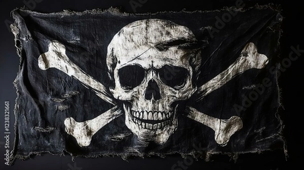Fototapeta A weathered skull and crossbones flag with distressed fabric, symbolizing piracy and adventure. Perfect for Halloween and nautical themes.