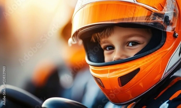 Fototapeta Close-Up of Smiling Child in Orange Racing Helmet