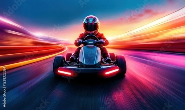 Obraz Child Driving Futuristic Go-Kart with Neon Lights