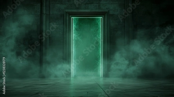 Obraz Eerie green door in smokefilled room, a mysterious and intriguing scene mysterious
