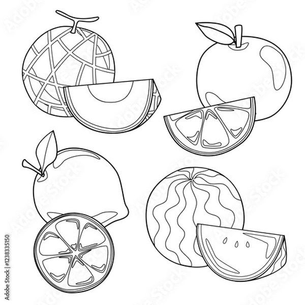 Obraz set of various monochrome fruits for painting, coloring, kids education or other. vector, illustration design