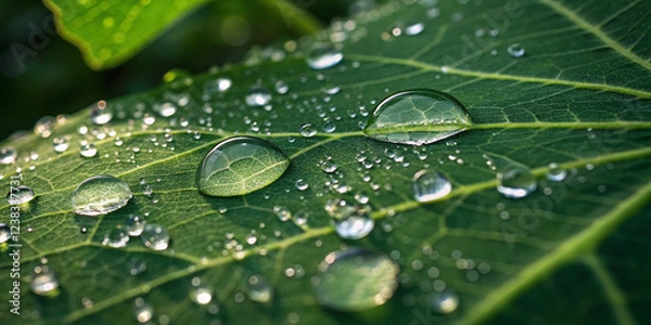Fototapeta A Close-Up Image of Dew Drops on a Green Leaf for Nature Photography