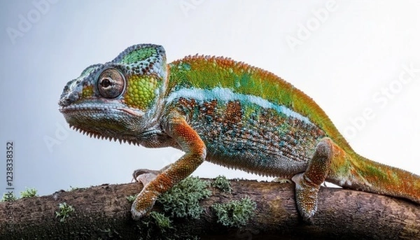 Fototapeta A vivid chameleon explores a textured branch, showcasing its brilliant colors in a lush environment.