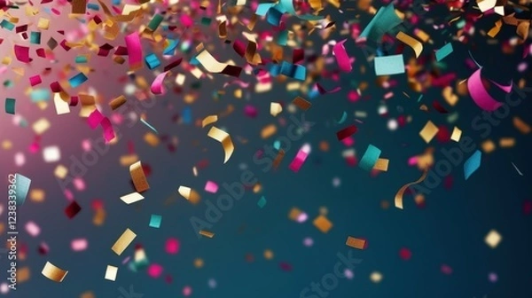 Fototapeta Colorful Confetti Rains Down in Celebration with a Background of Soft Gradient Colors and Vibrant Shimmering Pieces in Motion