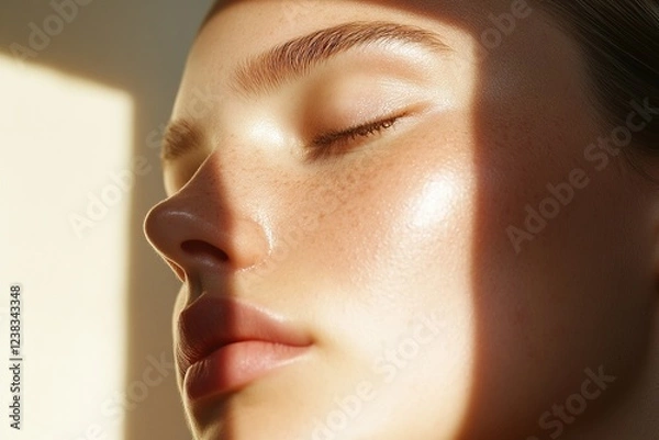 Obraz Soft sunlight caresses a woman's serene face while highlighting her natural beauty in warm tones