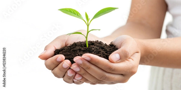 Fototapeta Hands Cradling a Young Plant Sprout Isolated for Promoting Environmental Awareness