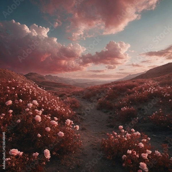 Fototapeta A surreal landscape where the sky is a blend of rose-red and soft white.
