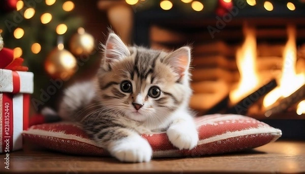 Fototapeta A playful kitten lounges peacefully on a festive pillow next to a crackling fire, radiating warmth.