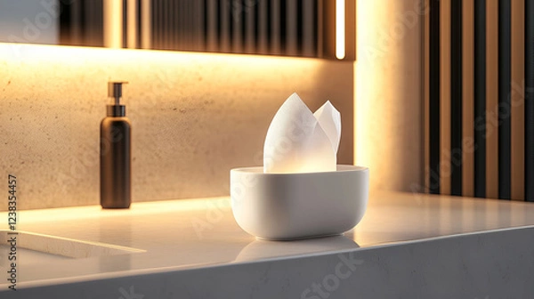 Fototapeta A minimalist countertop tissue box holder made of white ceramic, placed on a modern bathroom vanity with soft ambient lighting