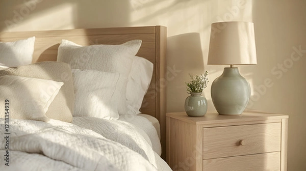 Fototapeta A pair of matching bedside tables in light oak wood, each styled with a ceramic lamp and a small decorative plant in a softly lit bedroom