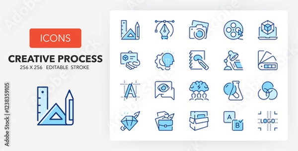 Fototapeta Line icons about creative process. Contains such icons as graphic design, branding, marketing and more. 256x256 Pixel Perfect editable in two colors
