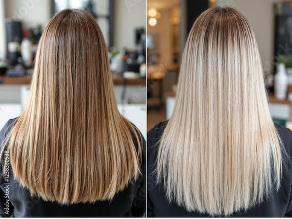 Obraz Hair shows transformation from brown to blonde color in salon setting
