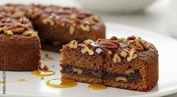Fototapeta A sliced date cake topped with nuts and drizzled with syrup on a white plate.