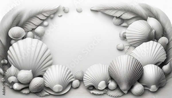 Obraz summer frame border frame with beautiful shells on white background; minimal vacation layout; copy space