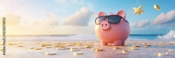 Fototapeta A playful piggy bank enjoys a summer day at the beach, surrounded by joyful children engaged in fun activities, basking in the ocean sunshine and appreciating the scenic coastal view