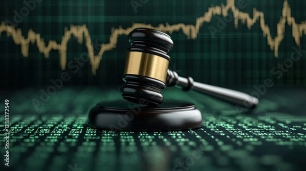 Fototapeta Abstract digital blending a gavel a courthouse and a financial data visualization chart or graph representing the interplay between the legal system financial markets and data driven decision making