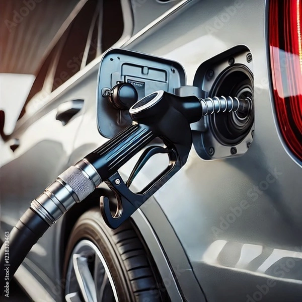 Fototapeta The image shows a close-up of a gas pump nozzle being inserted into the fuel tank of a silver car.
