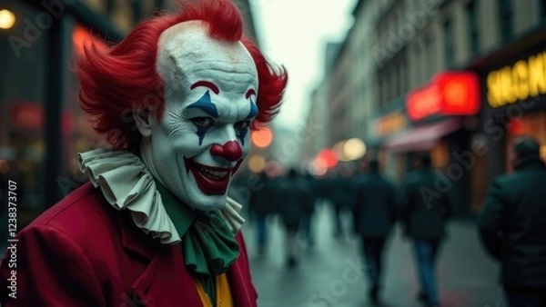 Obraz the clown is smiling, the background is a street in the background, a city, a street, a free space for text