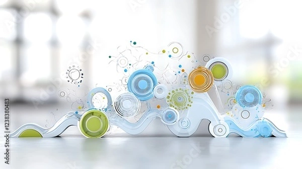 Fototapeta Abstract 3D Render Swirling Wave Design with Colorful Circles and Geometric Shapes