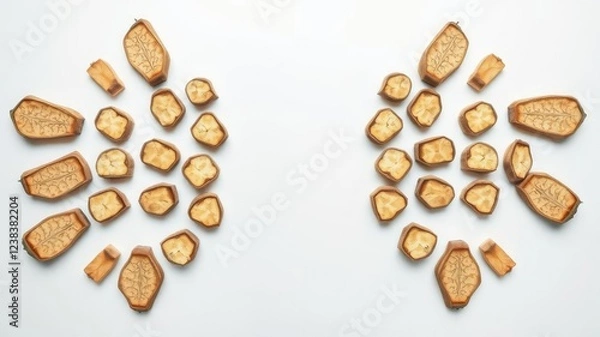 Obraz tion of kava root pieces arranged in a symmetrical pattern on a white surface, natural elements, kava root, texture