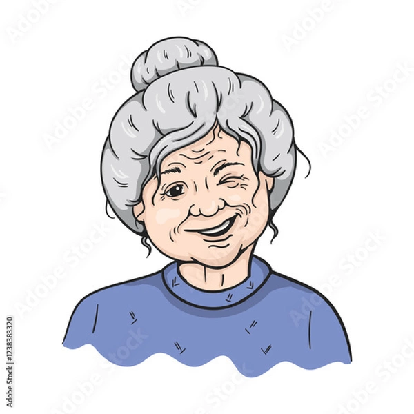 Fototapeta Nice elderly woman winks with one eye. Color vector illustration for postcard, congratulations to grandma, poster, sticker