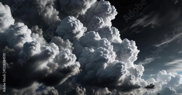Fototapeta Towering cumulus clouds against a deep and inky black background, towering, inky, black