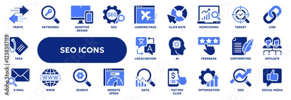 Fototapeta Set of vector solid icons related to seo and digital marketing, web page search optimization. Symbols for website or app ui, logo design, illustration