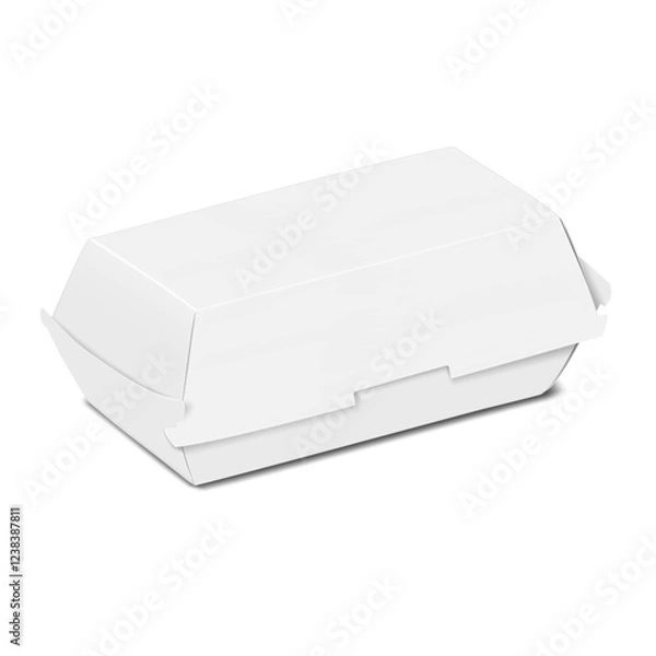 Fototapeta Paperboard rectangle takeout clamshell box. 3d mockup. Blank white take away paper package. Realistic vector mock-up. Takeaway food container. Take out disposable lunch box. Template for design