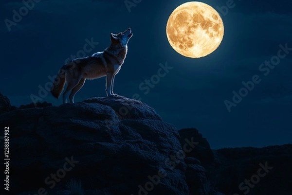 Fototapeta A lone wolf howling at the full moon while standing on a rock, silhouetted against a night sky, creating a wild, mystical scene.

