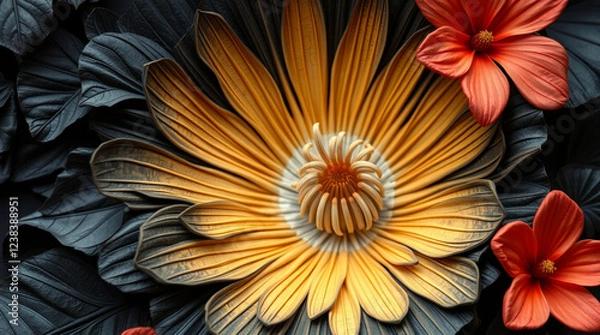 Obraz A close-up of a Rafflesia and tropical flora, crafted from layered papier-mâché, rendered in intense jet black, with deep shadows and sculpted texture