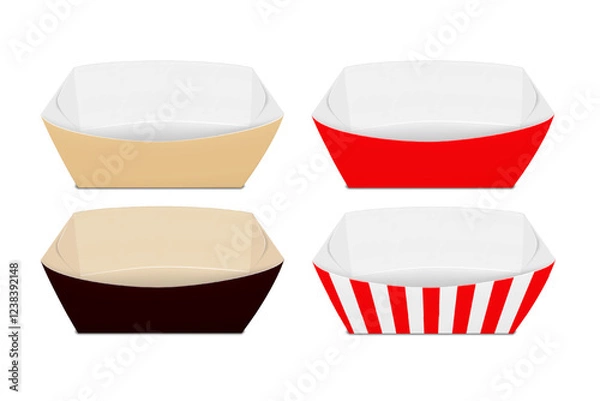 Fototapeta Blank empty white paper food tray. Kraft, red, black, striped. 3d mockup set. Easy editable. Fast food snack, dessert paperboard serving boat container packaging. Realistic vector mock-up. Template