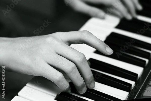 Fototapeta Piano. Hand on the keys. Plays a melody. Close-up.