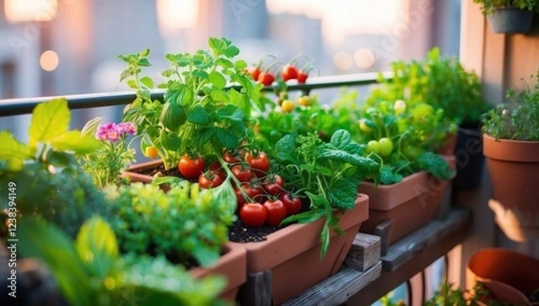 Fototapeta A balcony vegetable garden with organic herbs and veggies, demonstrating how small urban spaces can host a thriving, sustainable garden.